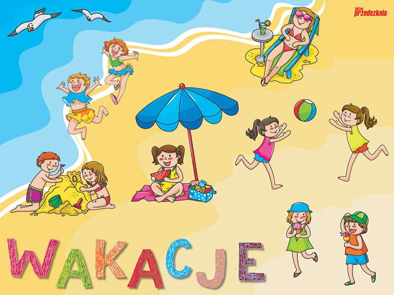 Wakacje - ilustracja plaży z bawiącymi się na niej dziećmi